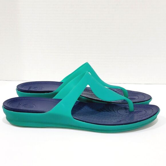 Crocs Rio Flip Flops Womens Sz 10 Teal Green Navy Blue Jelly Thong Slide Sandals - Picture 4 of 11